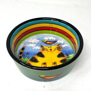 2005 MARY NAYLOR DESIGNS 6" Handpainted Cat Pet Food Bowl Birds Decorative